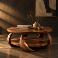 Round coffee table with crescent shaped legs and a round lower shelf, three-quarter view showing the grain