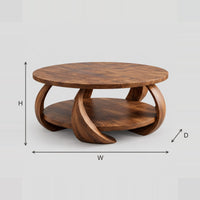 Round Coffee Table With Crescent Legs And A Lower Shelf dimension diagram with width, height and depth