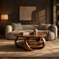 Round coffee table with crescent shaped legs and a round lower shelf in a dark living room at golden hour