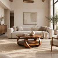 Round coffee table with crescent shaped legs and a round lower shelf in a bright open plan living room