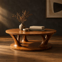 Circular coffee table with flared legs standing on a low base disc in a dark studio against a charcoal plaster wall
