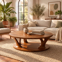 Circular coffee table with flared legs standing on a low base disc in a bright living room with arched windows and plants