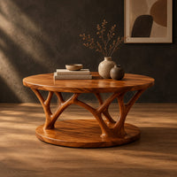 Circular coffee table with forked antler shaped legs above a wide disc base in a dark studio against a charcoal plaster wall
