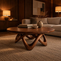 Round coffee table with a thick top and an interlaced looping wood base in an evening living room with walnut wall paneling