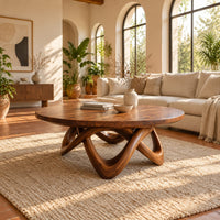 Round coffee table with a thick top and an interlaced looping wood base in a bright living room with arched windows and plants