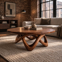 Round coffee table with a thick top and an interlaced looping wood base in an industrial loft living room with exposed brick