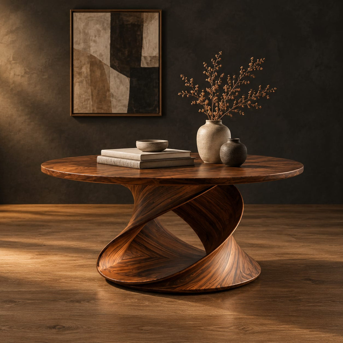 Round coffee table on a looping ribbon base in a dark studio against a charcoal plaster wall