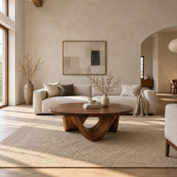 Round coffee table with a low swooping arch base in a bright open plan living room