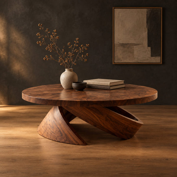 Round Coffee Table With Thick Top And Tilted Wedge Base