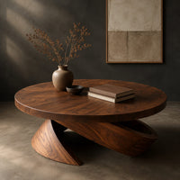 Round coffee table with a thick top and a tilted wedge base, three-quarter view showing the grain