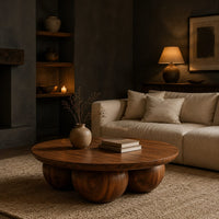 Round coffee table with a thick top resting on three large wooden balls in a dark living room at golden hour