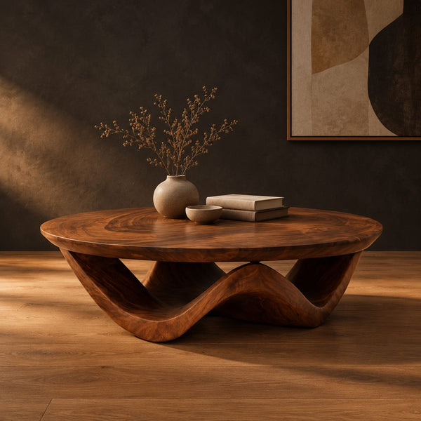Round Coffee Table With Wavy Ribbon Base And Swirled Grain Top