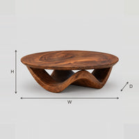 Round Coffee Table With Wavy Ribbon Base And Swirled Grain Top dimension diagram with width, height and depth