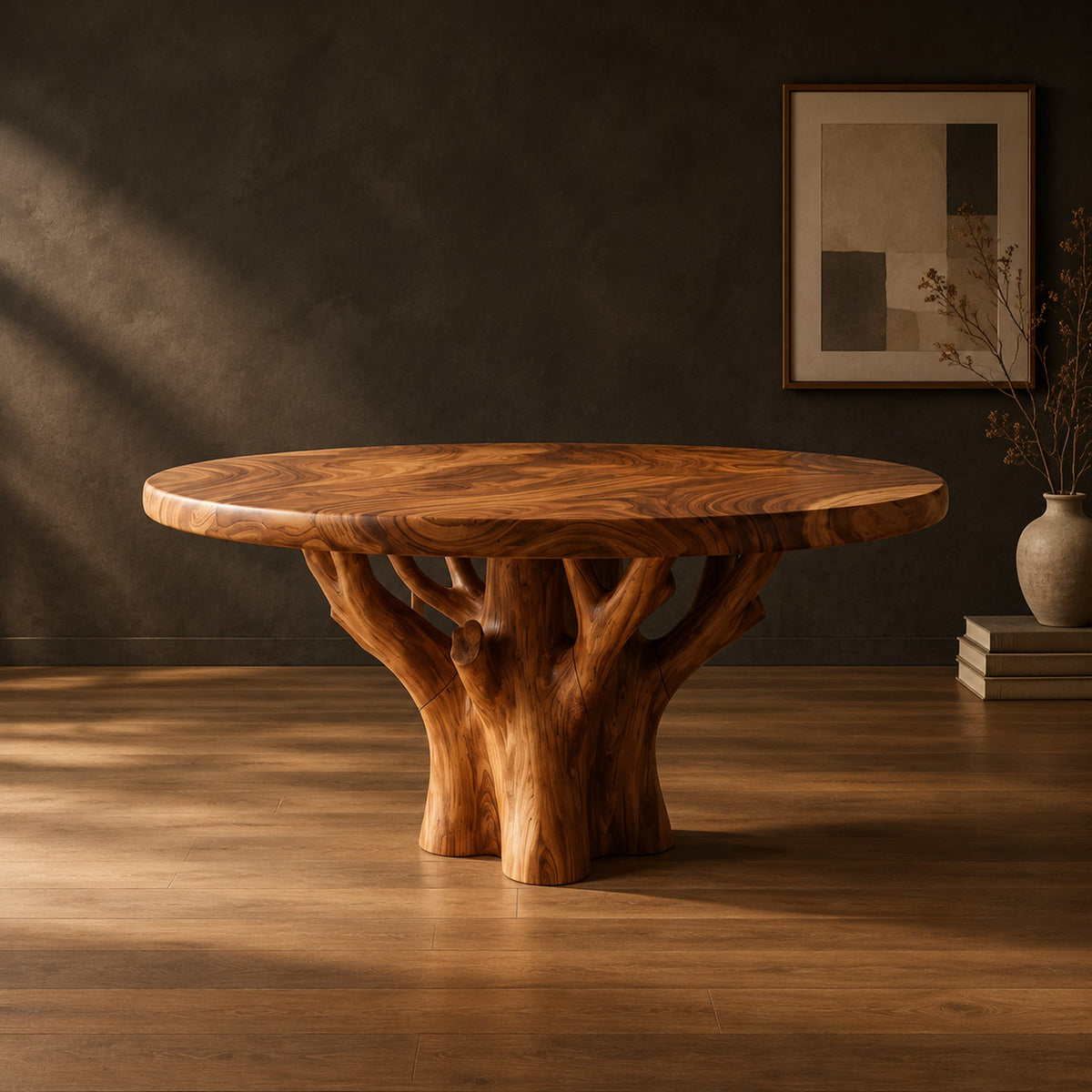 Round dining table with a carved tree trunk base and a grained top in a dark studio against a charcoal plaster wall