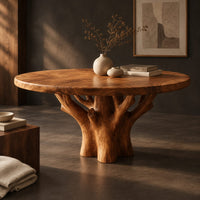 Corner detail of round dining table with a carved tree trunk base and a grained top beside wood, brass and linen samples