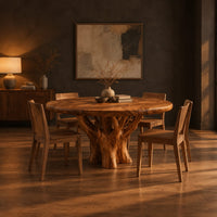 Round dining table with a carved tree trunk base and a grained top in a dark dining room at golden hour