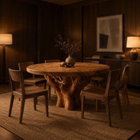 Round dining table with a carved tree trunk base and a grained top in an evening dining room with walnut wall paneling