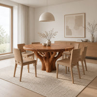 Round dining table with a carved tree trunk base and a grained top in a Scandinavian dining room with white walls