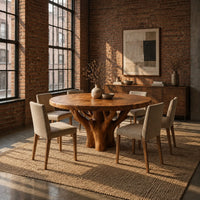 Round dining table with a carved tree trunk base and a grained top in an industrial loft dining room with exposed brick