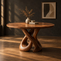 Round dining table on a sculpted base of two crossing wooden loops, three-quarter view showing the grain