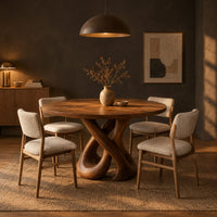 Round dining table on a sculpted base of two crossing wooden loops in a dark dining room at golden hour