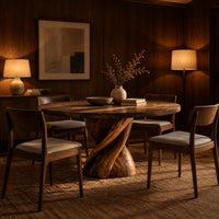 Round dining table with a twisted ribbon pedestal in an evening dining room with walnut wall paneling