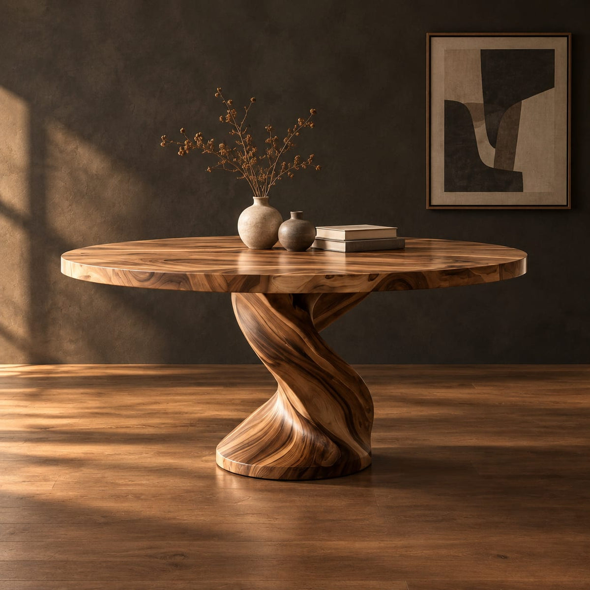 Round dining table on a twisted spiral pedestal base in a dark studio against a charcoal plaster wall
