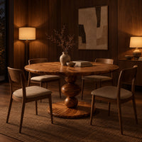 Round dining table with a pedestal of three stacked orbs in an evening dining room with walnut wall paneling
