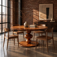 Round dining table with a pedestal of three stacked orbs in an industrial loft dining room with exposed brick