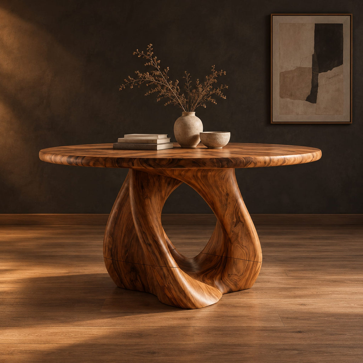 Circular dining table on a sculpted pedestal with a large open loop in a dark studio against a charcoal plaster wall