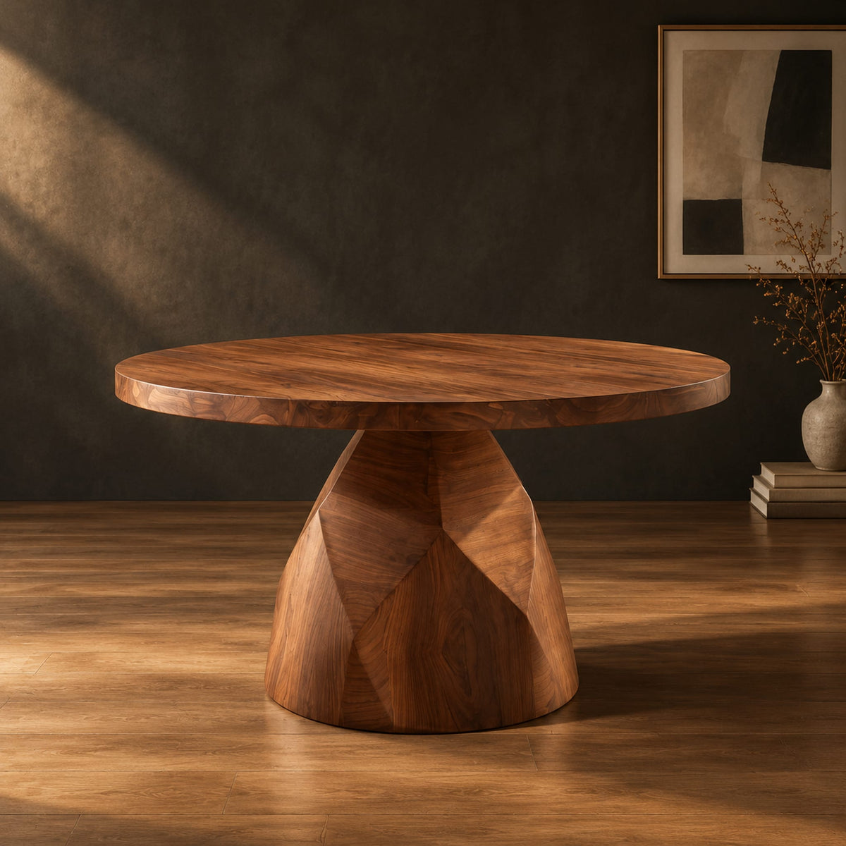 Circular dining table with a faceted bell shaped pedestal base in a dark studio against a charcoal plaster wall