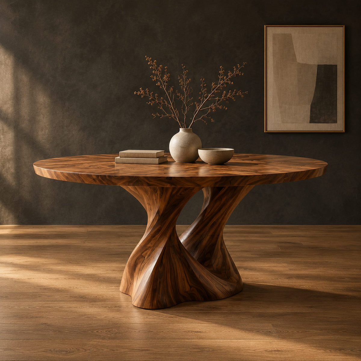 Round dining table on a twisted pedestal base in a dark studio against a charcoal plaster wall