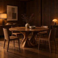 Round dining table on a twisted pedestal base in an evening dining room with walnut wall paneling