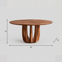 Round Dining Table With A Pedestal Of Arched Wood Columns dimension diagram with width, height and depth