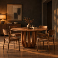 Round dining table on a pedestal made of arched wood columns in a dark dining room at golden hour