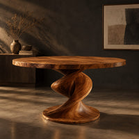 Round dining table with a spiral twist pedestal base and a wide flat foot, three-quarter view showing the grain