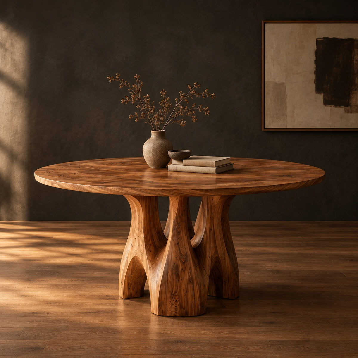 Circular dining table on branching arched pedestal legs in a dark studio against a charcoal plaster wall