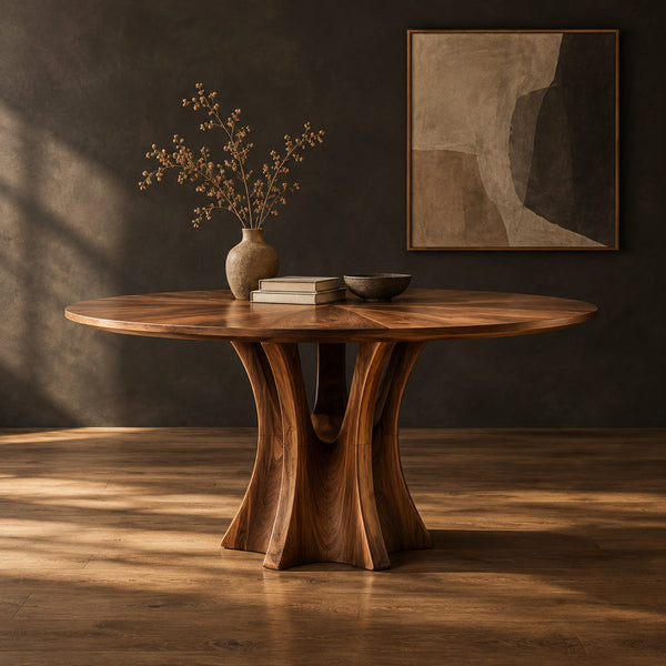 Round Dining Table With Flared Pedestal Base And Radiating Grain Top