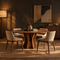 Round dining table with a flared pedestal base and a radiating grain top in a dark dining room at golden hour