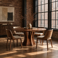 Round dining table with a flared pedestal base and a radiating grain top in an industrial loft dining room with exposed brick