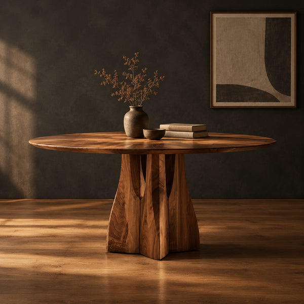 Round Dining Table With Flared Sculpted Pedestal Base