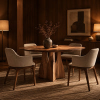 Round dining table with a flared sculpted pedestal base in an evening dining room with walnut wall paneling