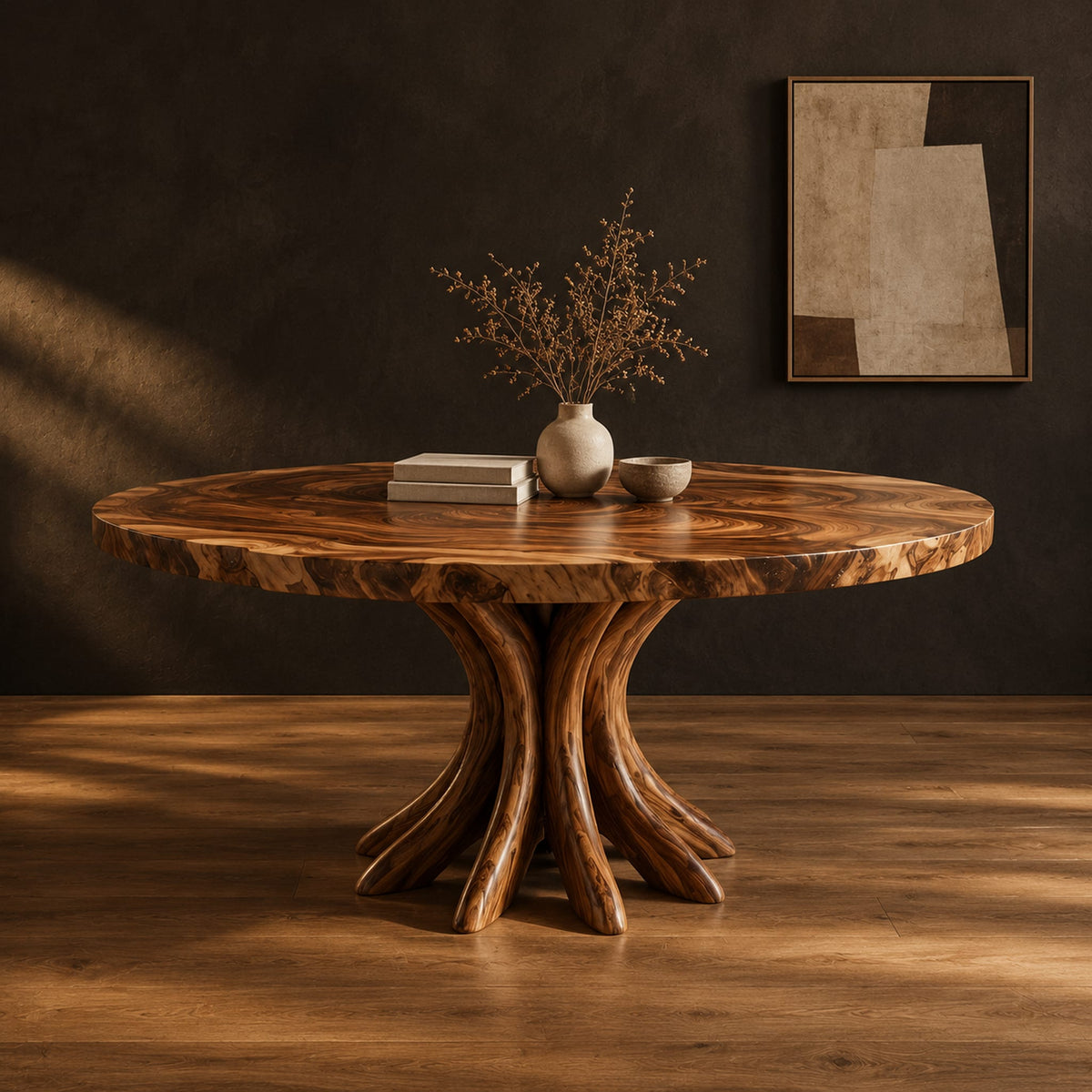 Circular dining table with a swirl grain top and flared trunk shaped legs in a dark studio against a charcoal plaster wall