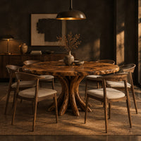 Circular dining table with a swirl grain top and flared trunk shaped legs in a dark dining room at golden hour