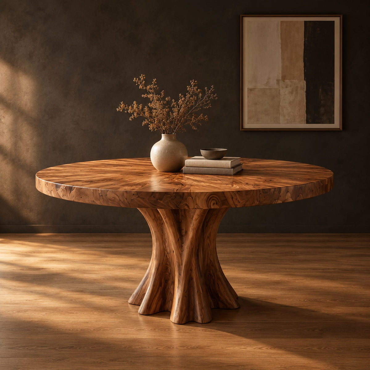 Round dining table with a thick flared pedestal base in a dark studio against a charcoal plaster wall