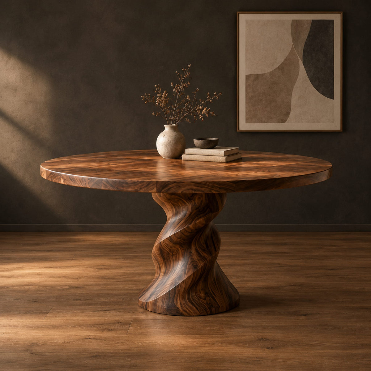 Round wooden dining table on a twisted pedestal base in a dark studio against a charcoal plaster wall