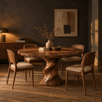 Round wooden dining table on a twisted pedestal base in a dark dining room at golden hour