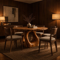Circular wooden dining table on a sculpted pedestal with an open oval center in an evening dining room with walnut wall paneling