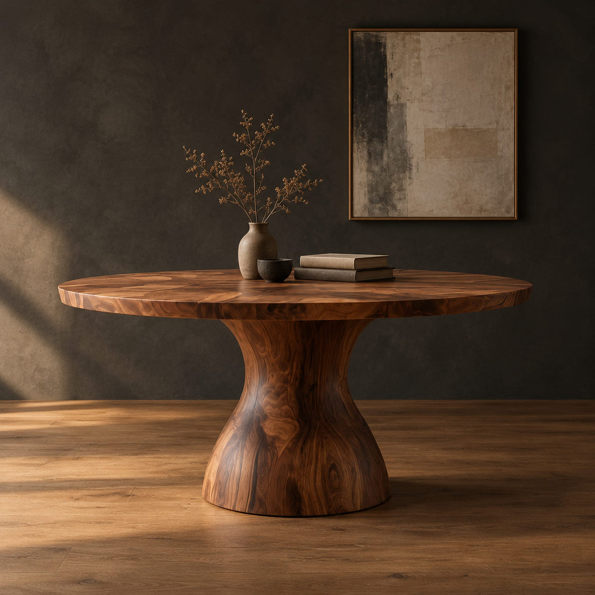 Round dining table with an hourglass pedestal base in a dark studio against a charcoal plaster wall