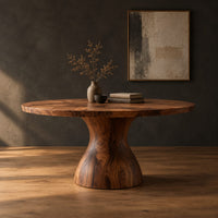 Round dining table with an hourglass pedestal base in a dark studio against a charcoal plaster wall